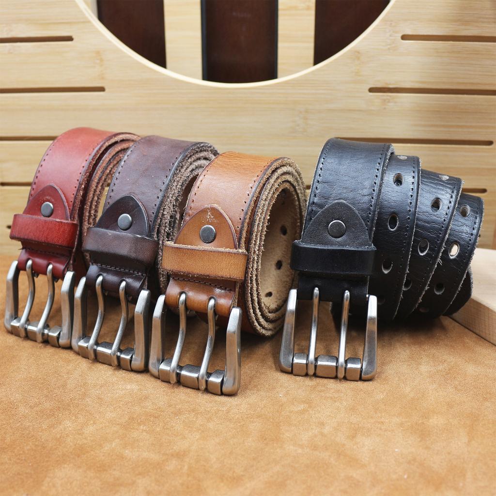Thickened Head Layer Cowhide Belt for Men European and American Fashion Double-pin Buckle Italian Motorcycle Style Tough Guy Belt