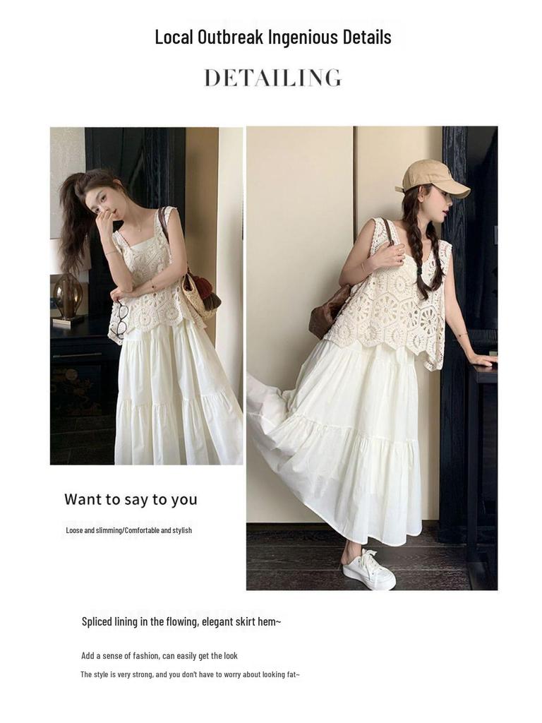 Trendy White Hollow Camisole Dress Set: Flattering Two-Piece Layered Vest & Dress