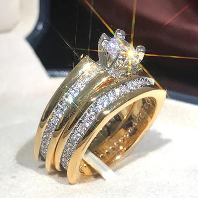 Huitan 2Pcs Bridal Set Ring Luxury Gold Color Geometric Shape Wedding Jewelry Women Micro Pave CZ Lady Proposal Engagement Rings