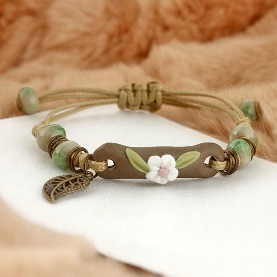 Fashion Women Flower Leaf Porcelain Charm Woven Bracelet Adjustable Jewelry Gift