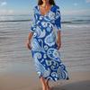 Women's Vintage Print Tunic Waisted Midi Dress Summer Casual 3/4 Sleeve Dress Dress