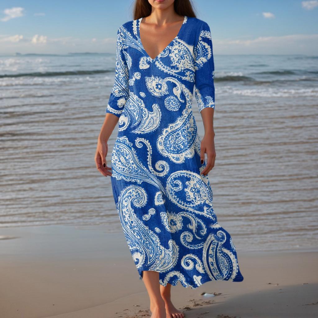 Women's Vintage Print Tunic Waisted Midi Dress Summer Casual 3/4 Sleeve Dress Dress