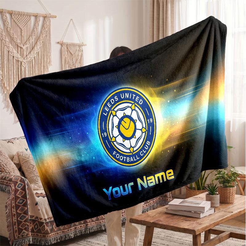 Leeds United Personalized Fleece Blanket With Football Logo, Custom Name Text Soft Warm Home Throw Blanket