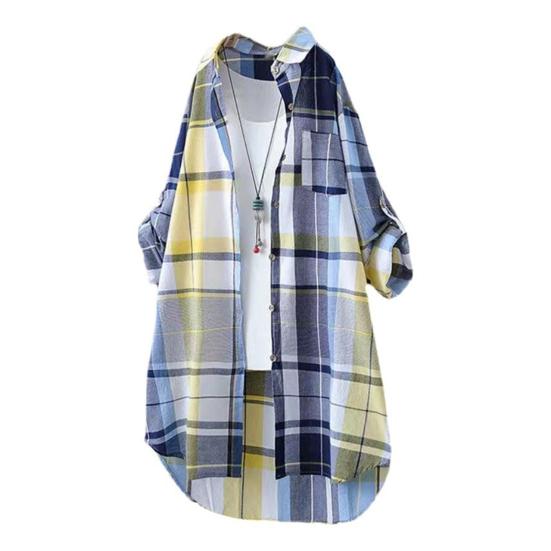 Women Shirt Lapel Long Sleeve Colorful Plaid Print Shirt with Pocket Loose Fit Mid-length Single-Breasted Shirt