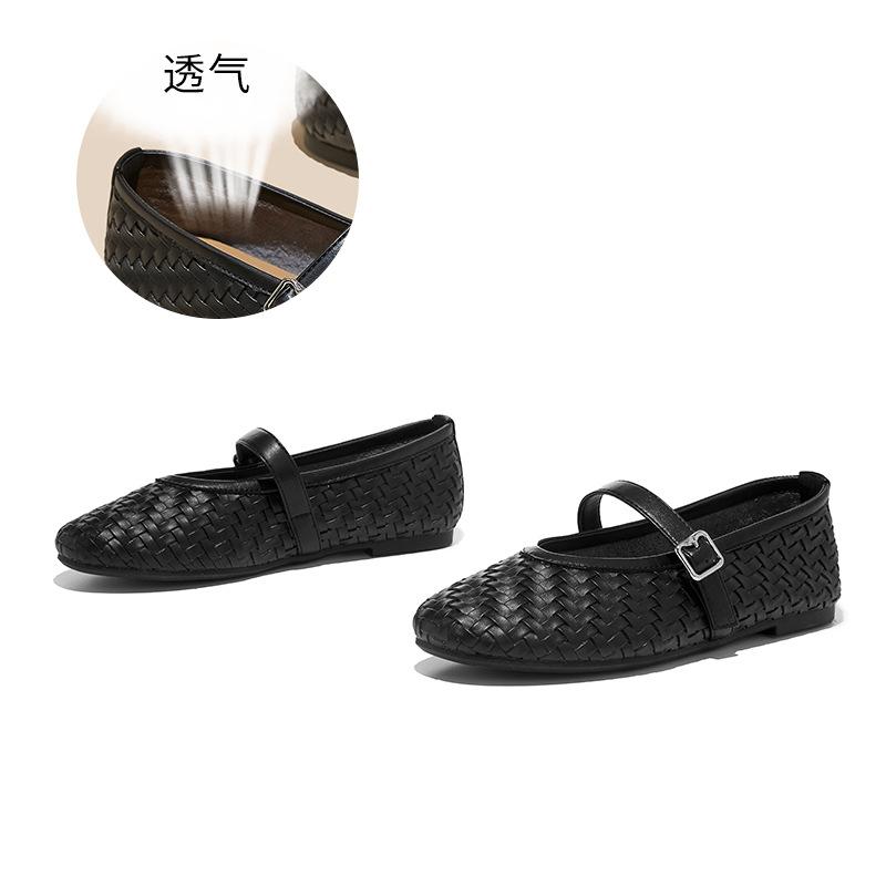 

First layer sheepskin insole Mary Jane shoes women s spring new flat-bottomed woven fashion single shoes versatile casual shoes 35 чёрный