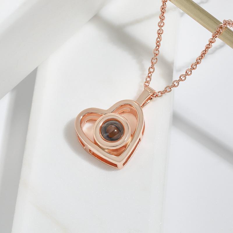 18K Gold Love Memory Pendant Collarbone Chain Female, Nano Projection Stone 100 Sentences I Love You Hollow Love Necklace