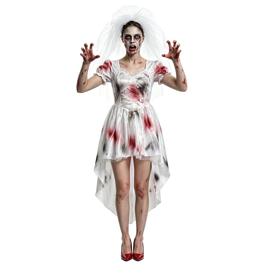 Women Zombie Bride Costume Dress Ghost Bride Halloween Outfit Polyester Horror Wedding Style Cosplay Party for Adults