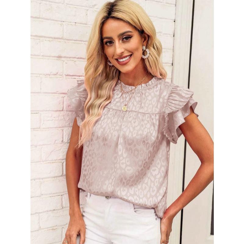 2025 Letnia moda Leopard Print damska bluzka Nowa swobodna prosta koszula z falbaniastymi rękawami plisowana damska góra plus size luźna odzież damska 3670