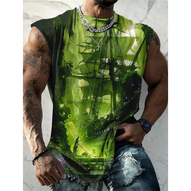 Men\'s Bottom Shirt Pattern Boat Rudder V-Neck 3D Outdoor Street Sleeveless Printed Clothing Athletic Casual Big & Tall Tank Top