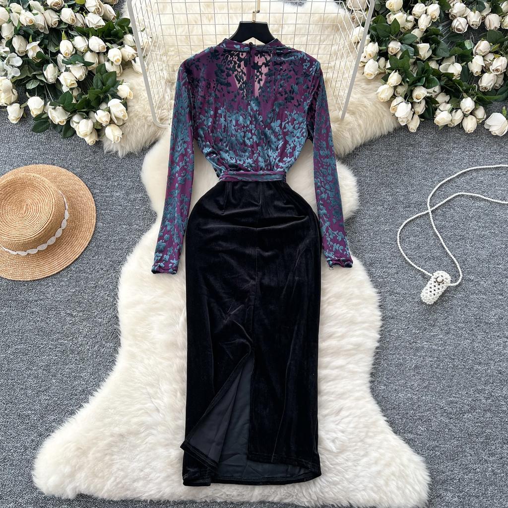 Vintage V-neck Elegant Long Sleeves Chic Flocking Print Spliced Velvet Slim Bandage Dresses Evening High Street Winter Clothing