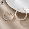 ORSA JEWELS Natural Pearl Hoop Earrings Gold Plated Large Circle Round Pearl Beads Earrings Jewelry Birthday Gift Women GPE69