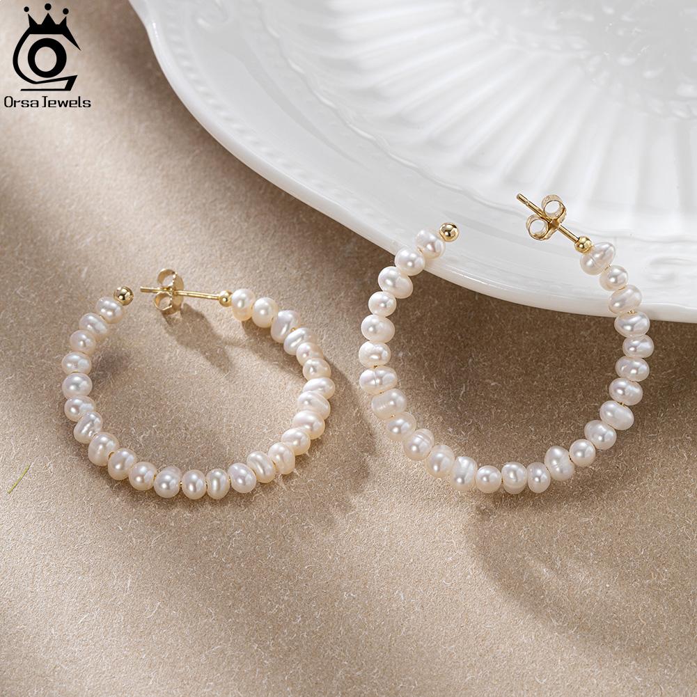 ORSA JEWELS Natural Pearl Hoop Earrings Gold Plated Large Circle Round Pearl Beads Earrings Jewelry Birthday Gift Women GPE69