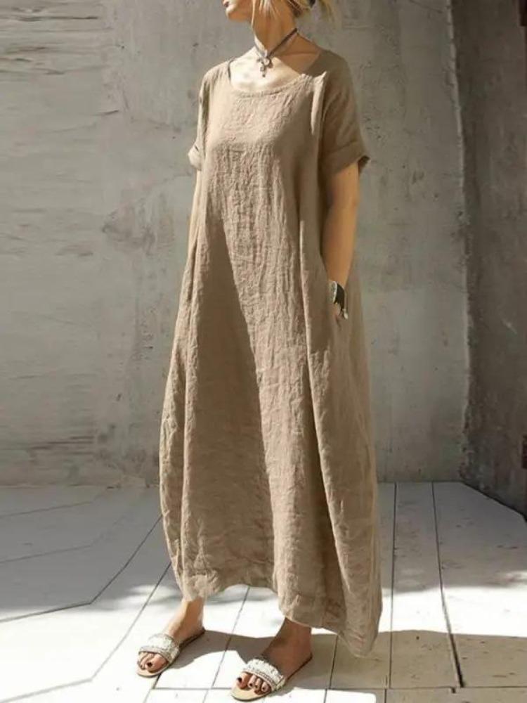 2023 Women's Cotton Linen Dress Loose Fit Round Neck Slit Belted Design