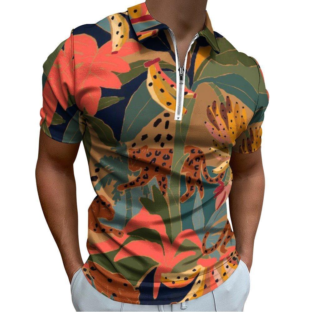 Citrus Print Short Sleeve Zip Polo Shirt, Stylish Summer Casual Top
