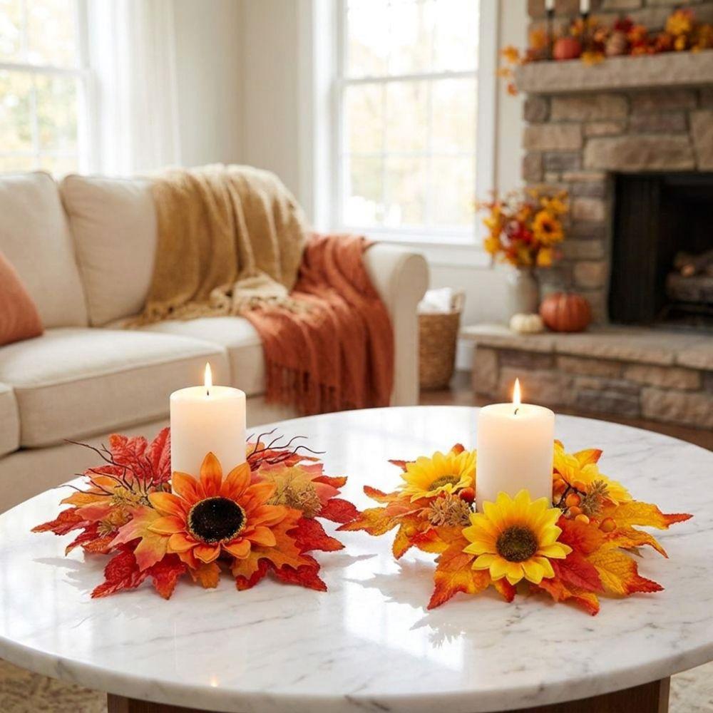 Fade Resistant Sunflower Maple Candle Ring Wreath Harvest Pillar Candle Surround Ring Home Decor
