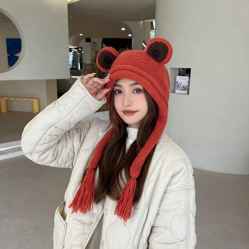 Froschmütze, Damen Strickmütze Winterwärme Quaste Winter Ohrenschutz Zehenkappe Grüne Wollmütze