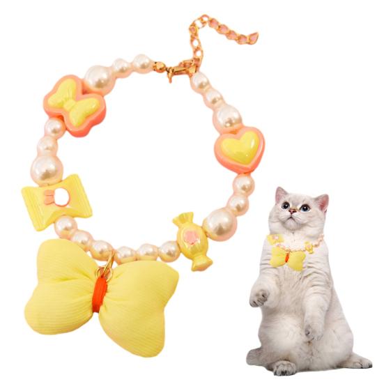 Faux Pearl Pet Collar Adjustable Cat Necklace with Candy Bow Decor for Puppy Kitten Wedding Party Accessories