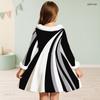 Girls High Neck Long Sleeve Printed A Line Flared Dress Faux Fur Trim Bow Decor