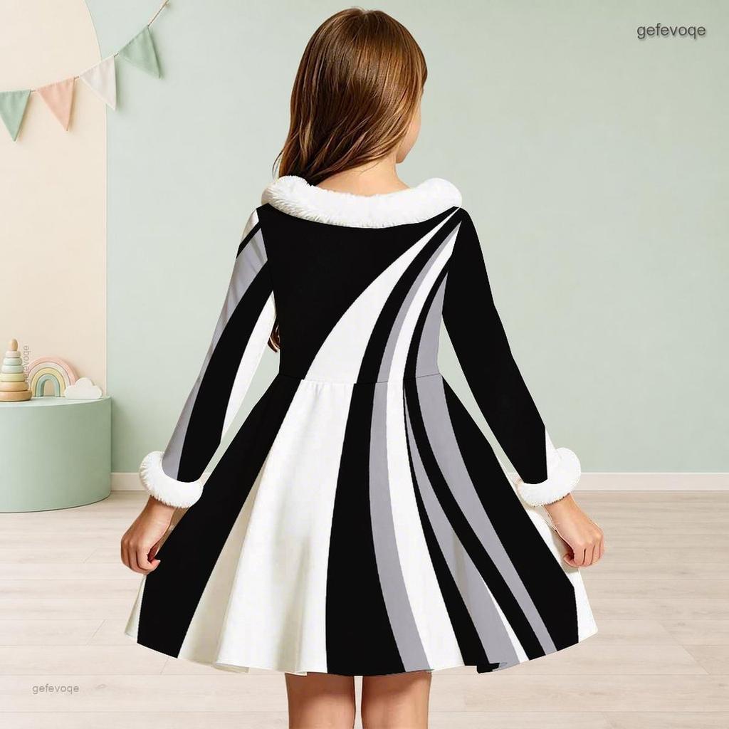 Girls High Neck Long Sleeve Printed A Line Flared Dress Faux Fur Trim Bow Decor