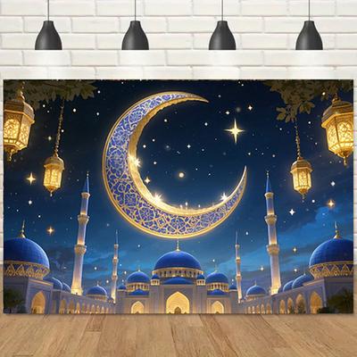 Tema Romántico de Cielo Estrellado, Tela de Fondo EID Al Adha con Luna Creciente, Mezquita, Diseño de Linterna, Celebraciones Festivas