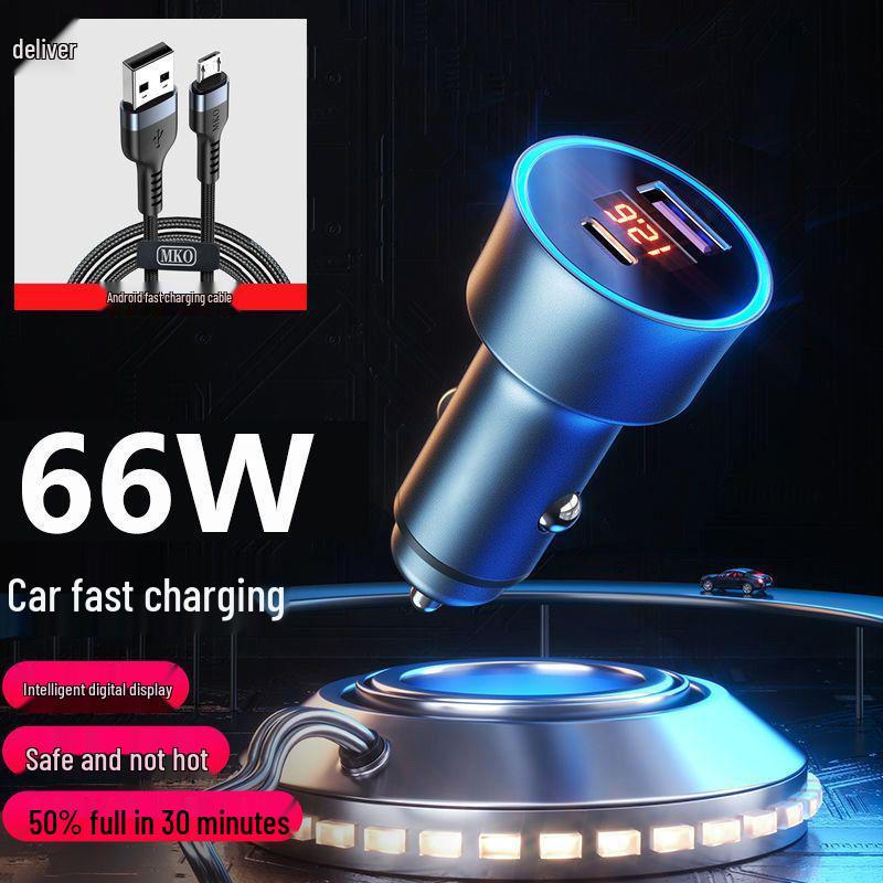 MKO 120W Metal Car Charger for Apple & Android with PD USB Pass-through and Cigarette Lighter Converter.
