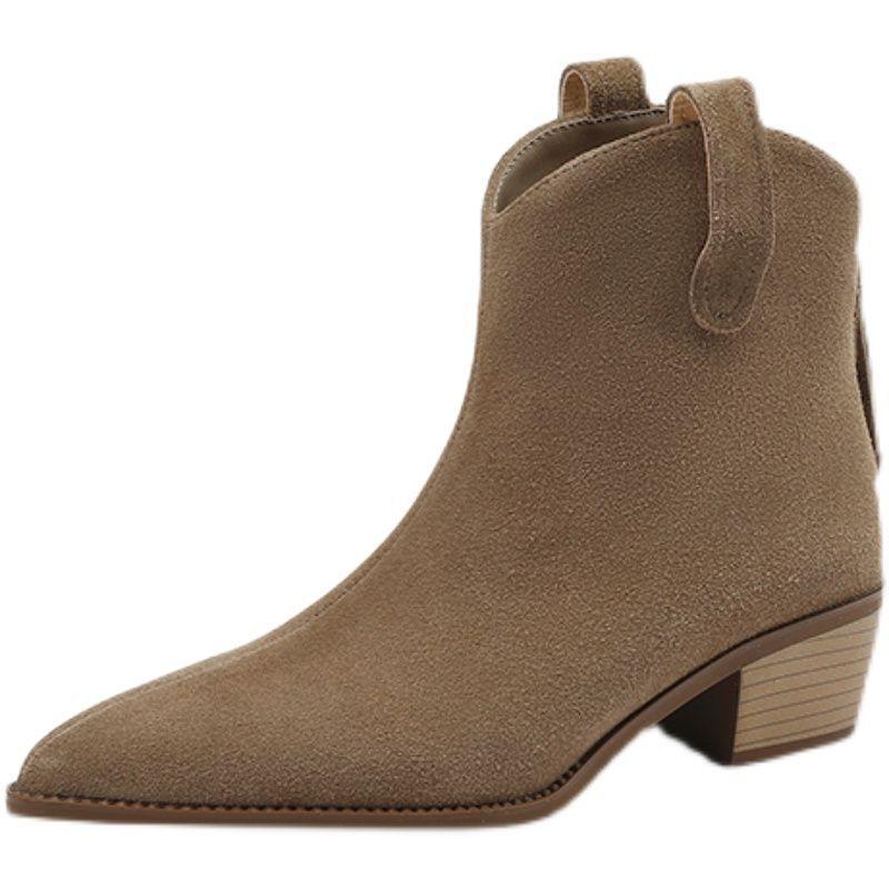 2025 New Middle Heel Soft Leather Thick Heel Pointed Western Boots Women's Boots Chelsea Niche Short Autumn Short Boots Winter