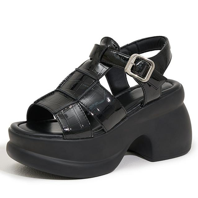 Fashion 8.5cm Microfiber Leather Boots Comfy Breathable Peep Toe Women Slippers Summer Buckle Rubber Sandals Hollow Flats Shoes White