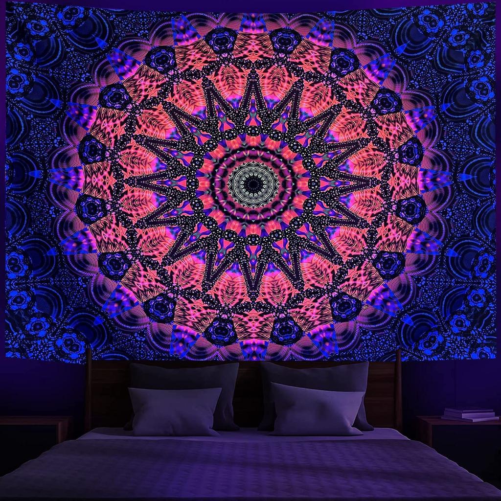 VIKAMA Fluorescent Mandala Tapestry with Neon Bohemian Patterns for Bedroom Living Room Decor Aesthetic Wall Art