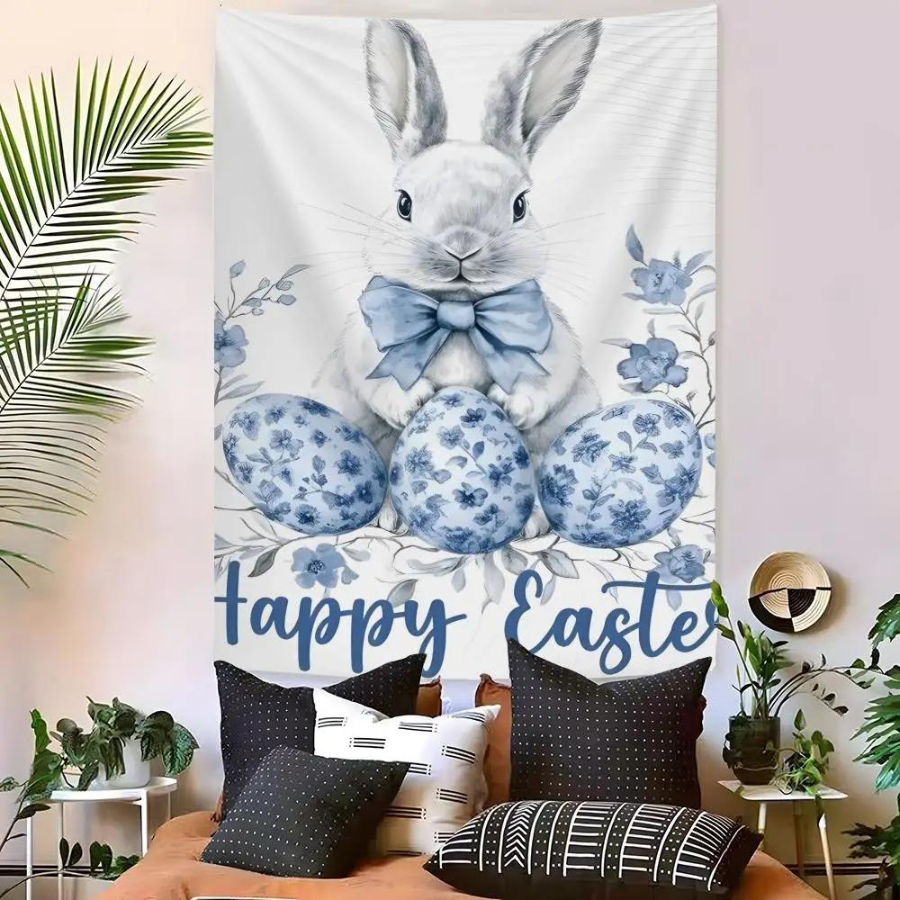 1pc Blue Bunny Easter Egg Tapestry 2D Single Print Elegant Home Decor Soft Accessory Charming Functional HolidayThemed Durable