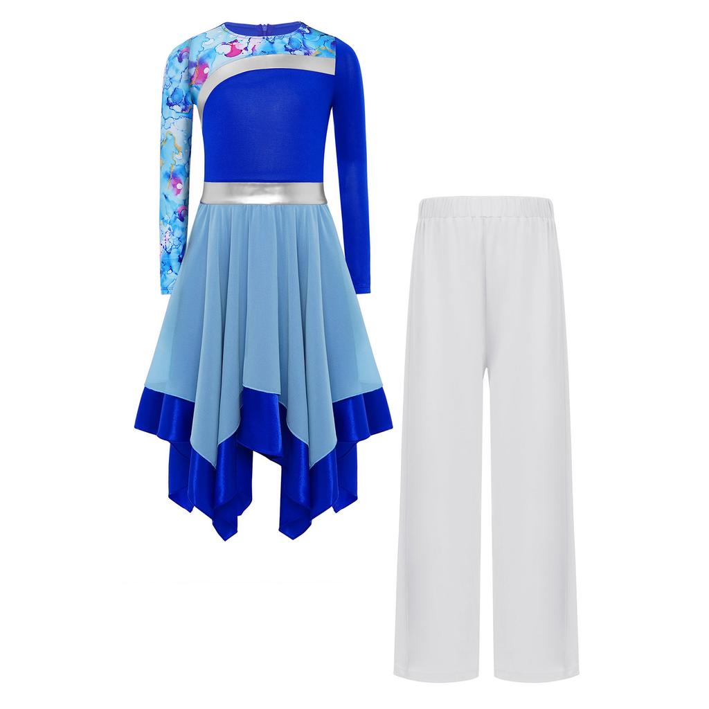 Girls Worship Dance Outfit Long Sleeve Printed Patchwork Irregular Hem Dress with Wide Leg Pants