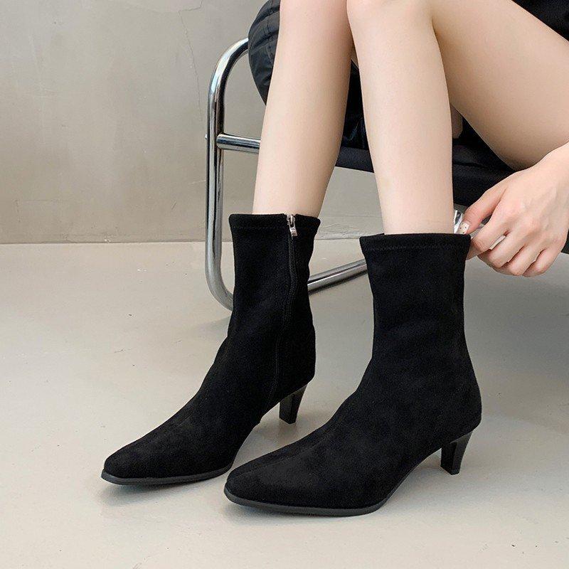 Side Zipper Martin Boots Women's Single Boots 2025 Autumn Frosted Coarse Heel Small Short Boots Leather Square Head Elastic High Heel Skinny Boots