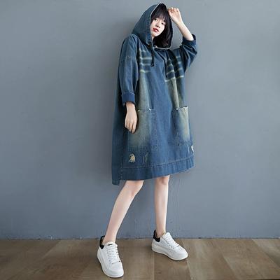 Übergröße Damen Frühling und Herbst Retro Poliertes Weiß Rissiges Denim Kleid Damen Midilänge Lässig Tasche Kapuzenpullover Rock