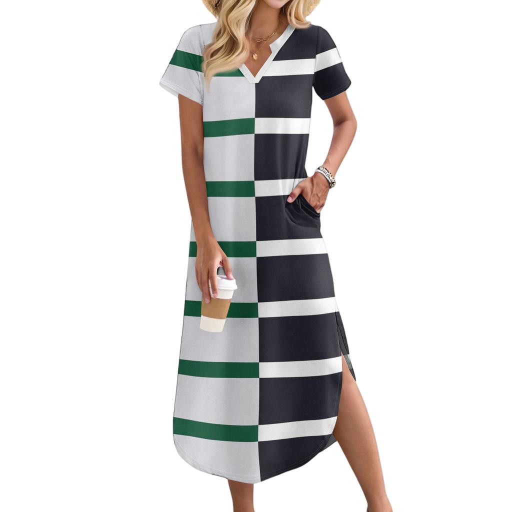 Women's Casual Comfortable V Neck Loose Hem Split Vacation Short Sleeve Striped Long Dresses