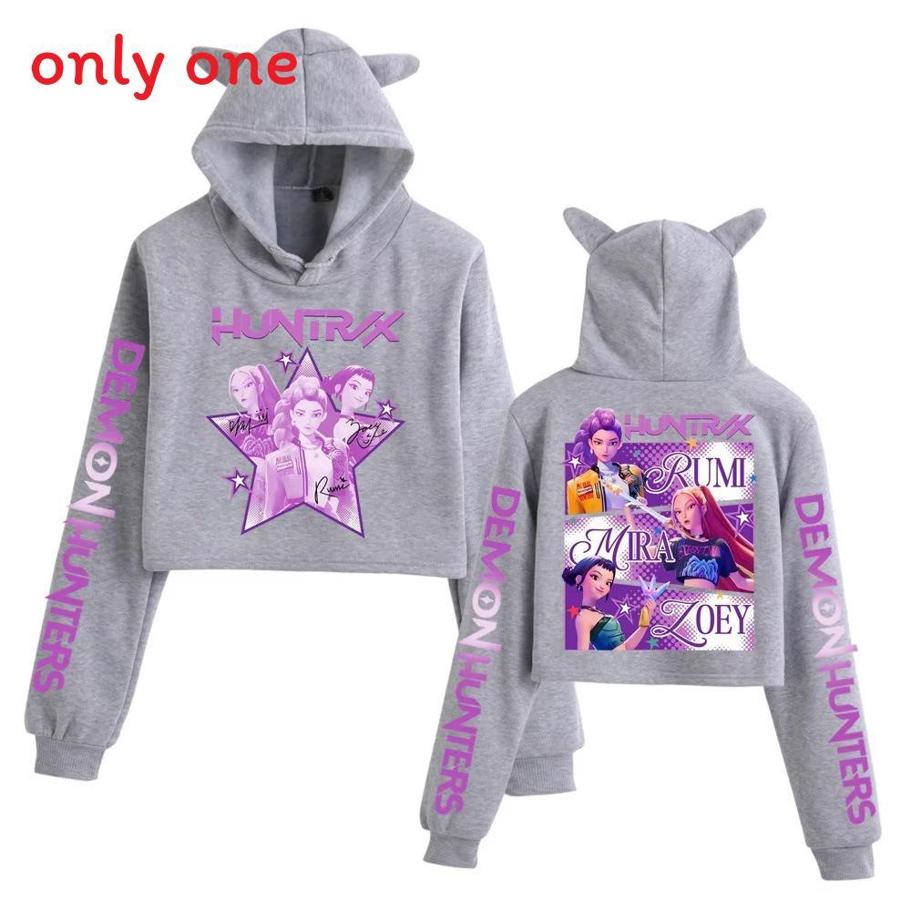 Kpop Demon Hunters Printed Short Hoodie With Cat Ears For Girls Summer Casual Wear