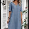Abiti casual da donna, moda estate primavera, stampa tinta unita, manica corta, scollo a V, vita ampia