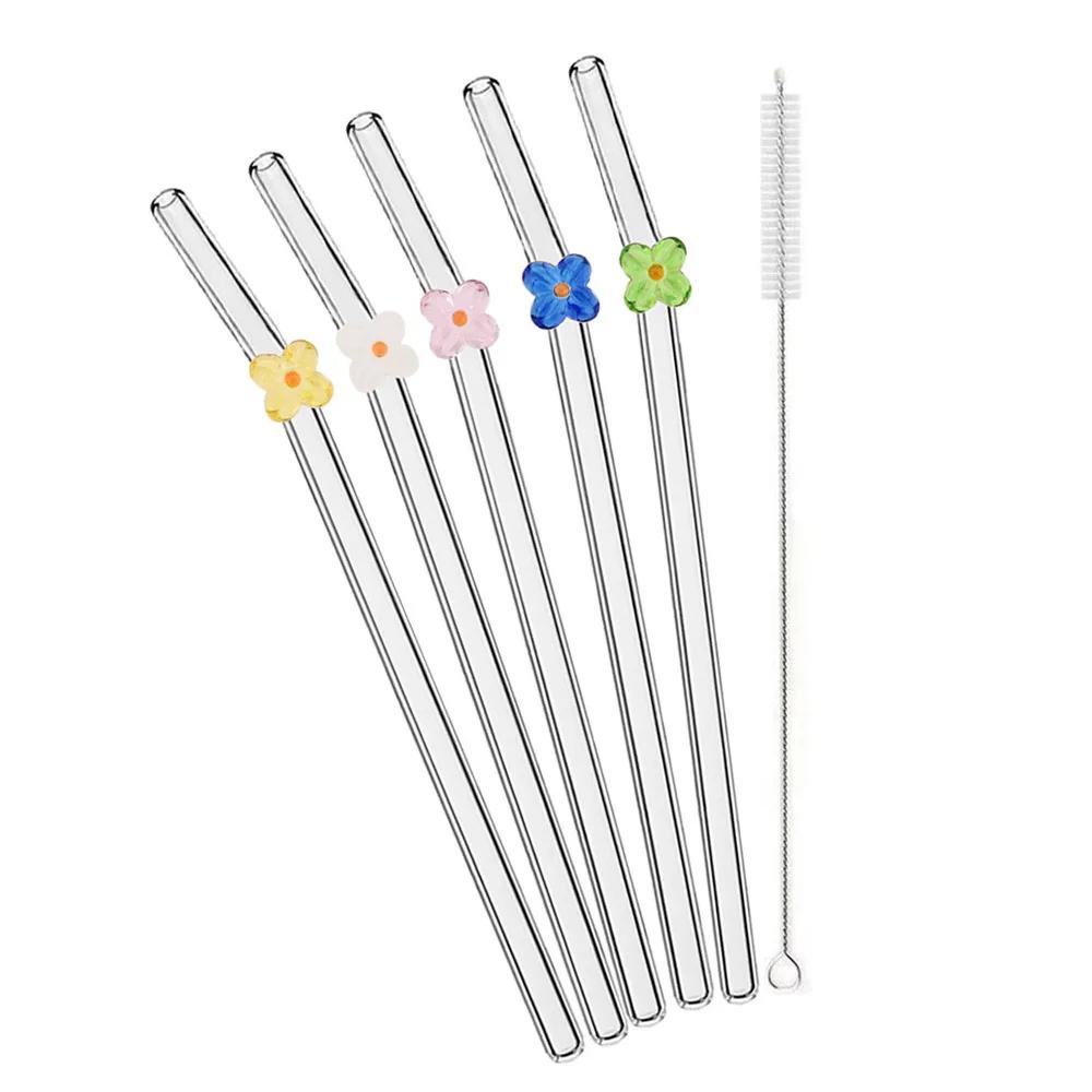 6Pcs Drinking Straw with Brush Set High Borosilicate Glass Flower Bent Straws Set Milk Coffee Shake Cocktail Straw Bar Drinkware