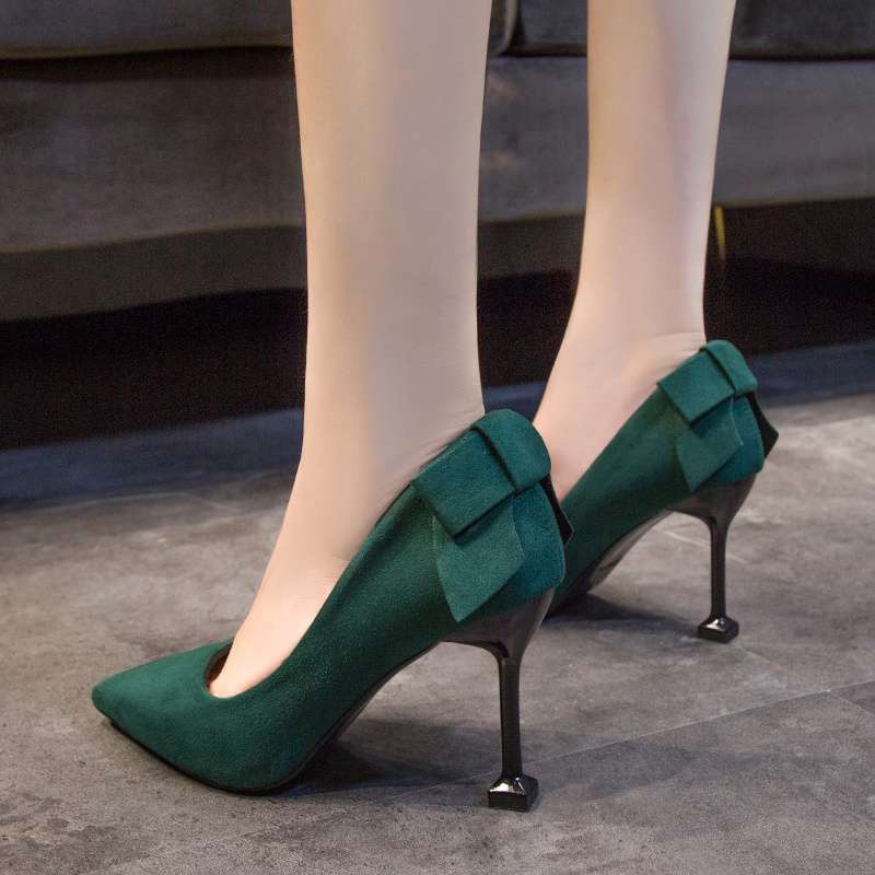 Red suede wedding shoes women's heel bow high heels fairy style with Xiuhe bridal shoes green shoes