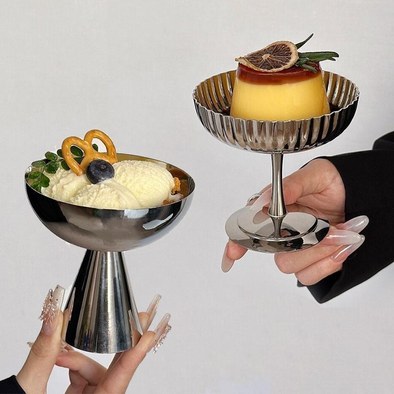 Retro Edelstahl Eisbecher Ins Stil Pudding Dessertbecher Obst Joghurt Salat Servierschale Hohe Basis Schüssel Bar Geschirr