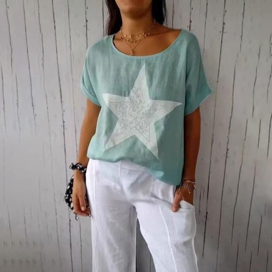Dam Sommartoppar Kortärmad Rundhals T-shirt Hot Drill Stjärntryck Lös Passform Casual T-shirt Daglig Användning