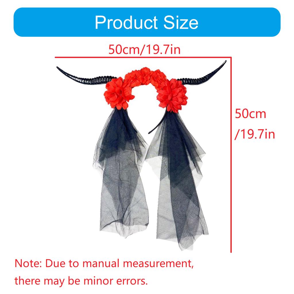 Devil Horn Flower Headband with Veil Cosplay Costume Hairband Dark Series Hairhoop Day of the Death Hairband for Women