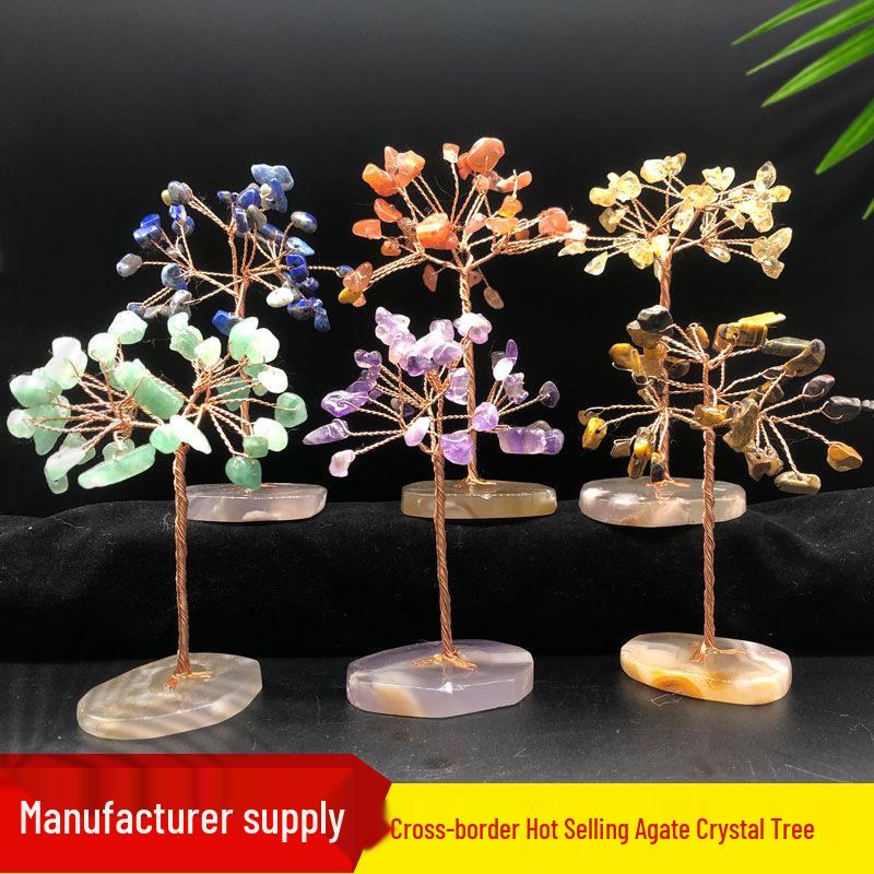 Natural Seven-Color Crystal Money Tree with Agate Base - Cherry Blossom Decoration Strawberry Quartz Tree