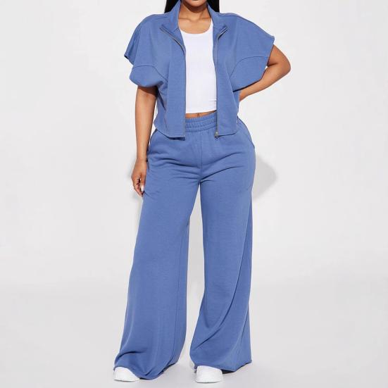 Women Casual Pants Solid Color Wide Leg Trousers with Pockets Elastic High Waist Hip Hop Style Long Pants