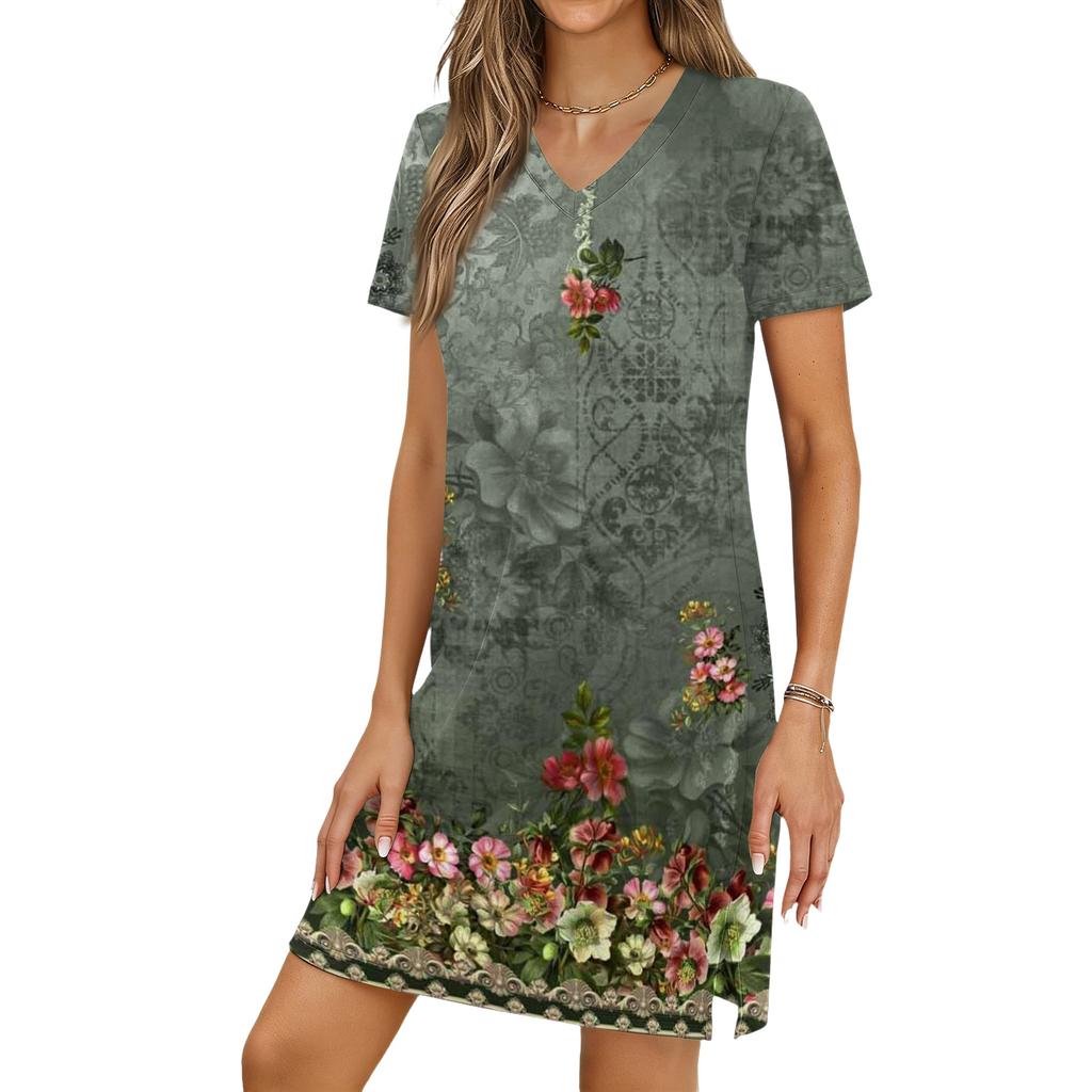 Women's Casual V-neck Short Sleeve Split Hem Vintage Printed Dress