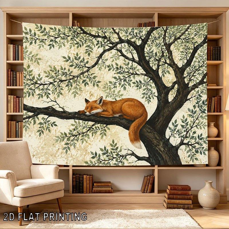 2D Flat, 1pc Horizontal Red Fox Tapestry Suitable for Wall Decor - Realistic Sleeping Fox on Tree Branch with Lush Foliage, Horizontal Forest Wall Han