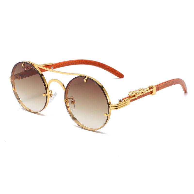Unisex Retro Double-Beam Round Sunglasses with Leopard Detail