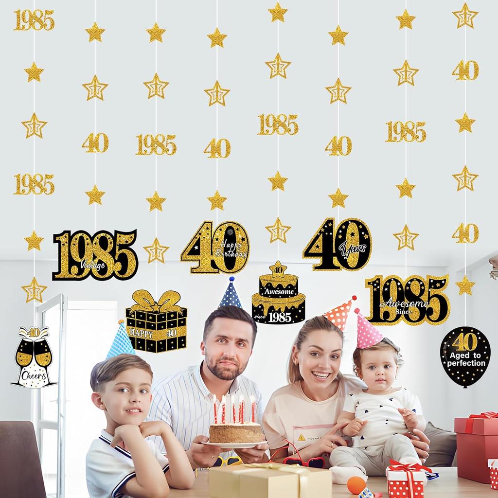 Pre-Strung Black Gold 40th Birthday Decorations for Men Women, Glitter Star Twinkle Number 40 Years Old Vintage 1985 Hanging Streamer Banner Happy
