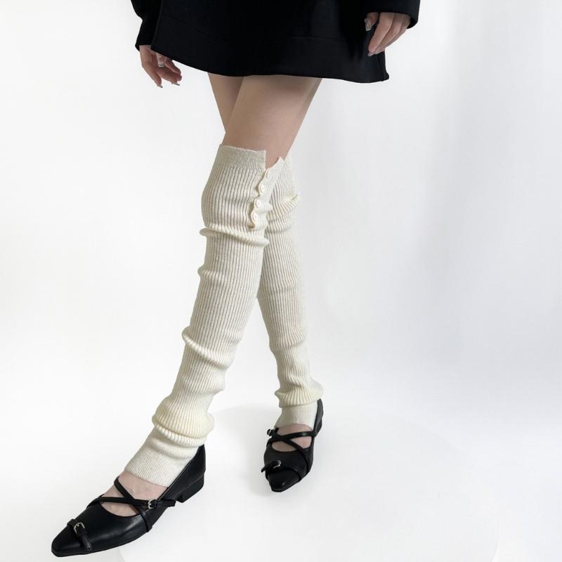 Japanese Ballet Styles Thigh High Leg Warmer Ribbed Knitted Split Buttons Over Knee Footless Socks for Fashionable Women