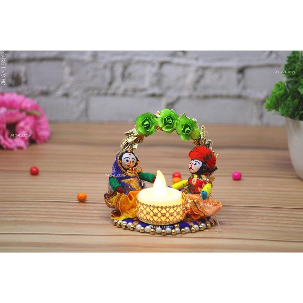 Recycled Material Rajasthani Raja Rani Puppet/Dolls Decorative Tealight Candle Holder (Pack of 2)