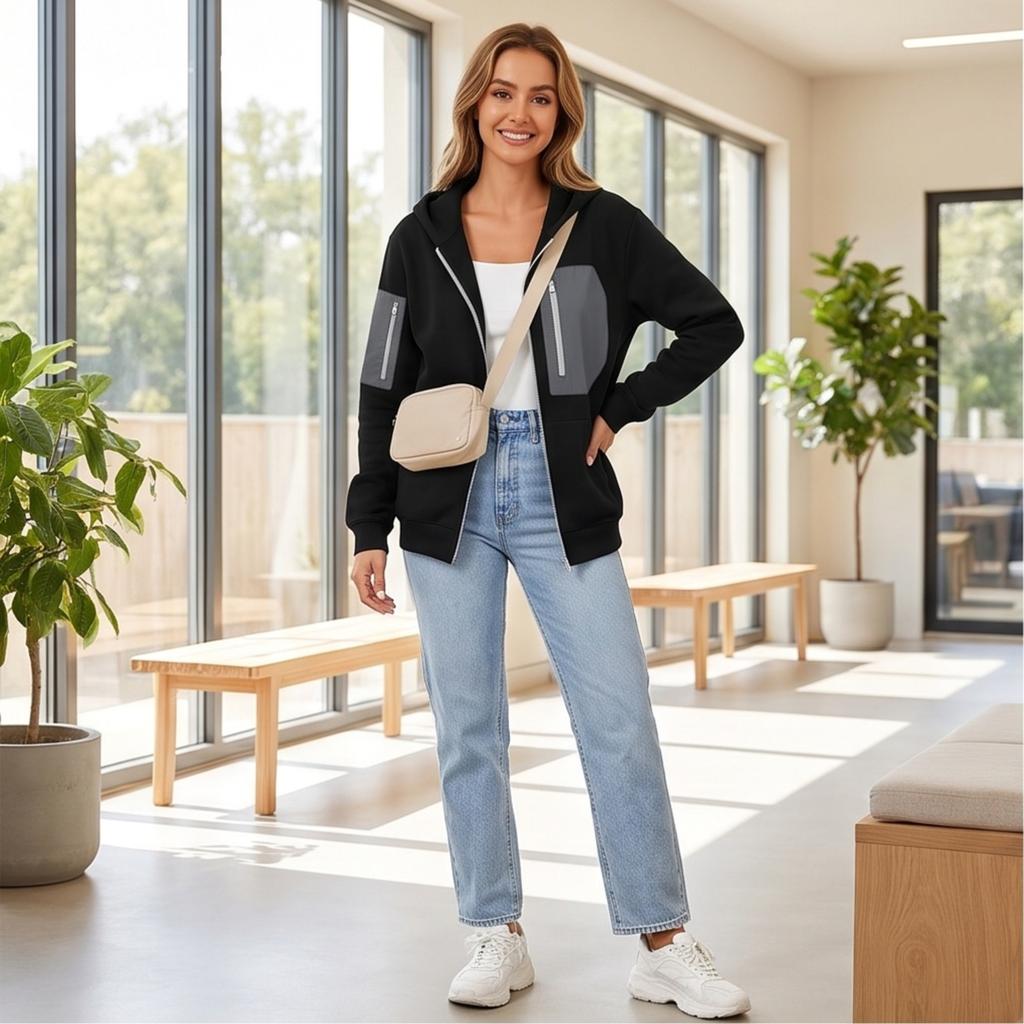 Women's Full-Zip Hooded Patchwork Sweatshirt Jacket for Casual Everyday Wear