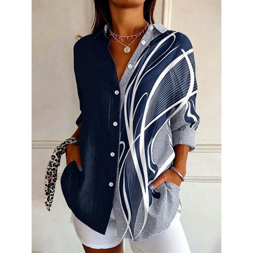 Women's Long Sleeve Abstract Swirl Print Button Down Casual Shirt Elegant Daily Blouse Tops in Red Black for Spring Summer